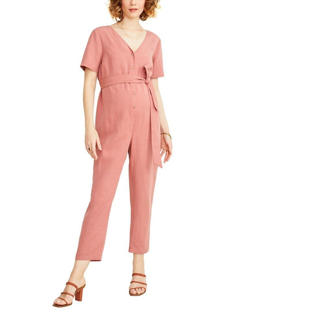 Hatch Dusty Rose Button-Front Linen Jumpsuit